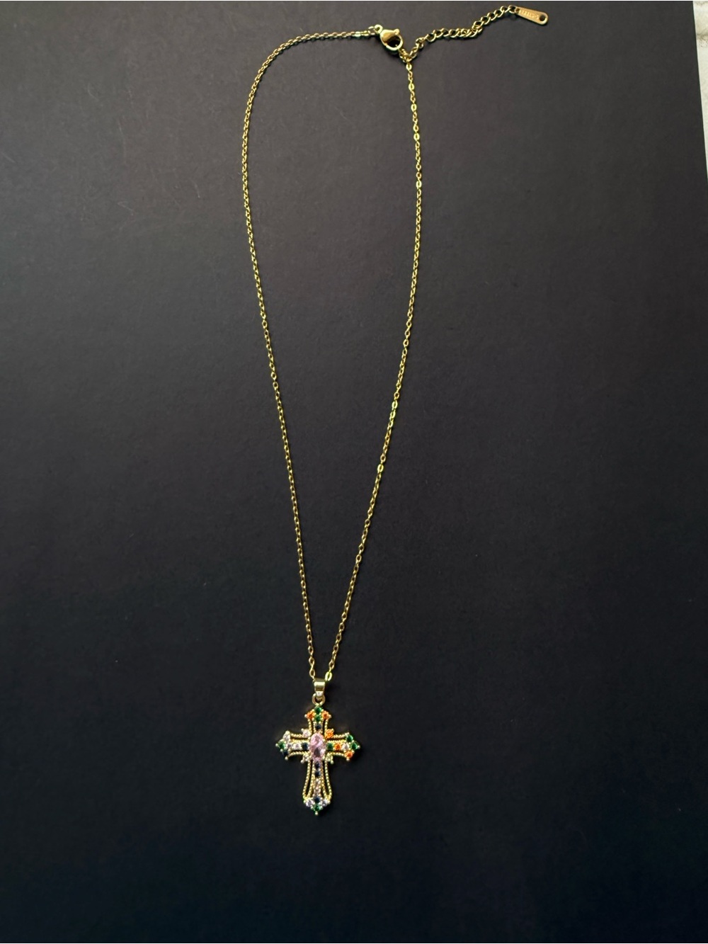 Colorful Rhinestone Cross Pendant Necklace Gold Tone Stainless Steel Chain